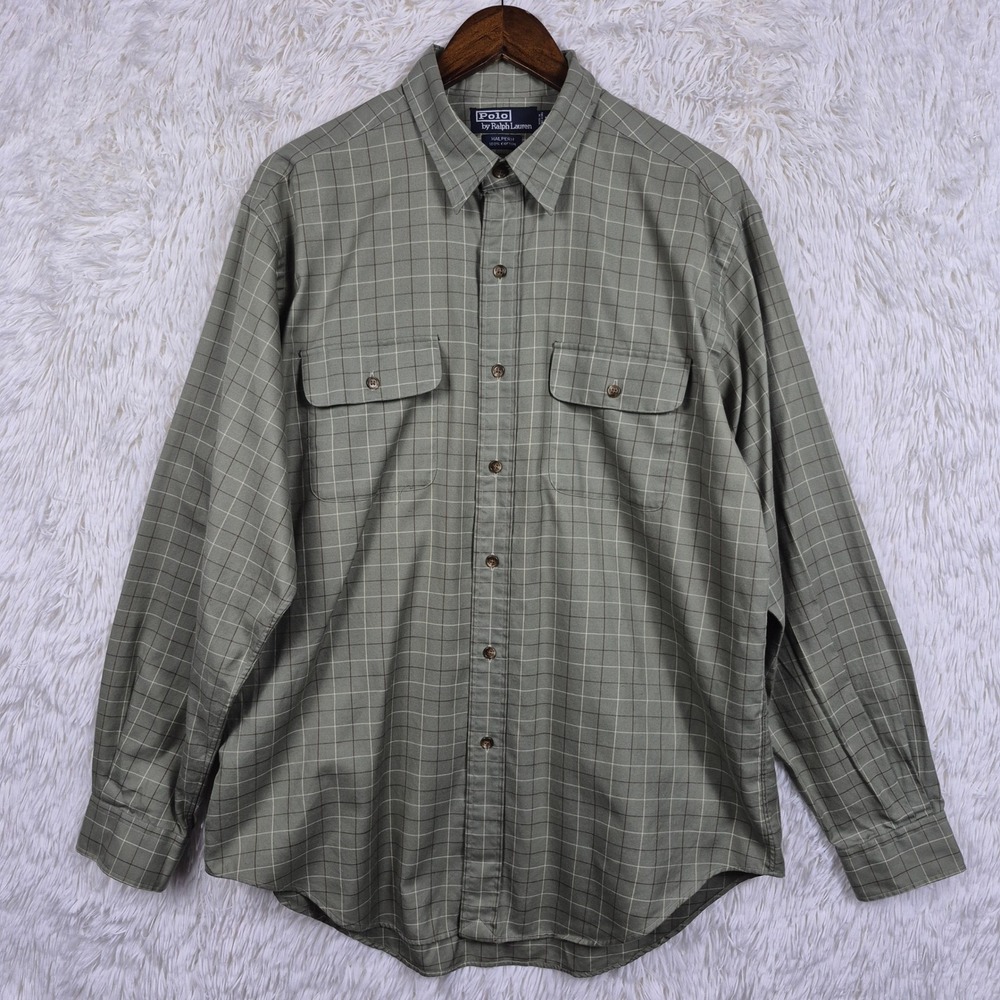Vtg Polo Ralph Lauren Halpern Mens L Olive Green Plaid Cotton Button Up Shirt
